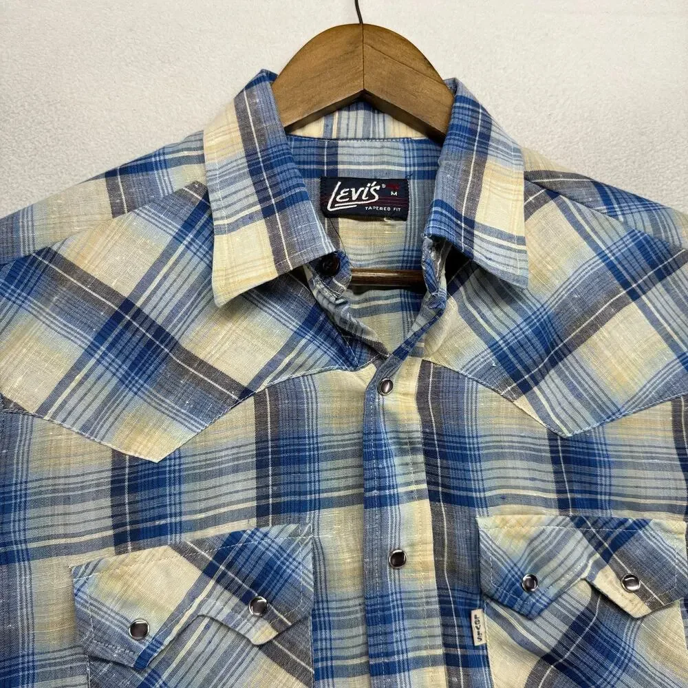 Vintage Levis Shirt Men's Medium Blue Western Pearl Snap Sawtooth Pockets 80s